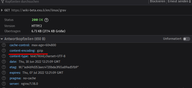 Picture shows parts of the response headers in the network tab of the firefox debug tool